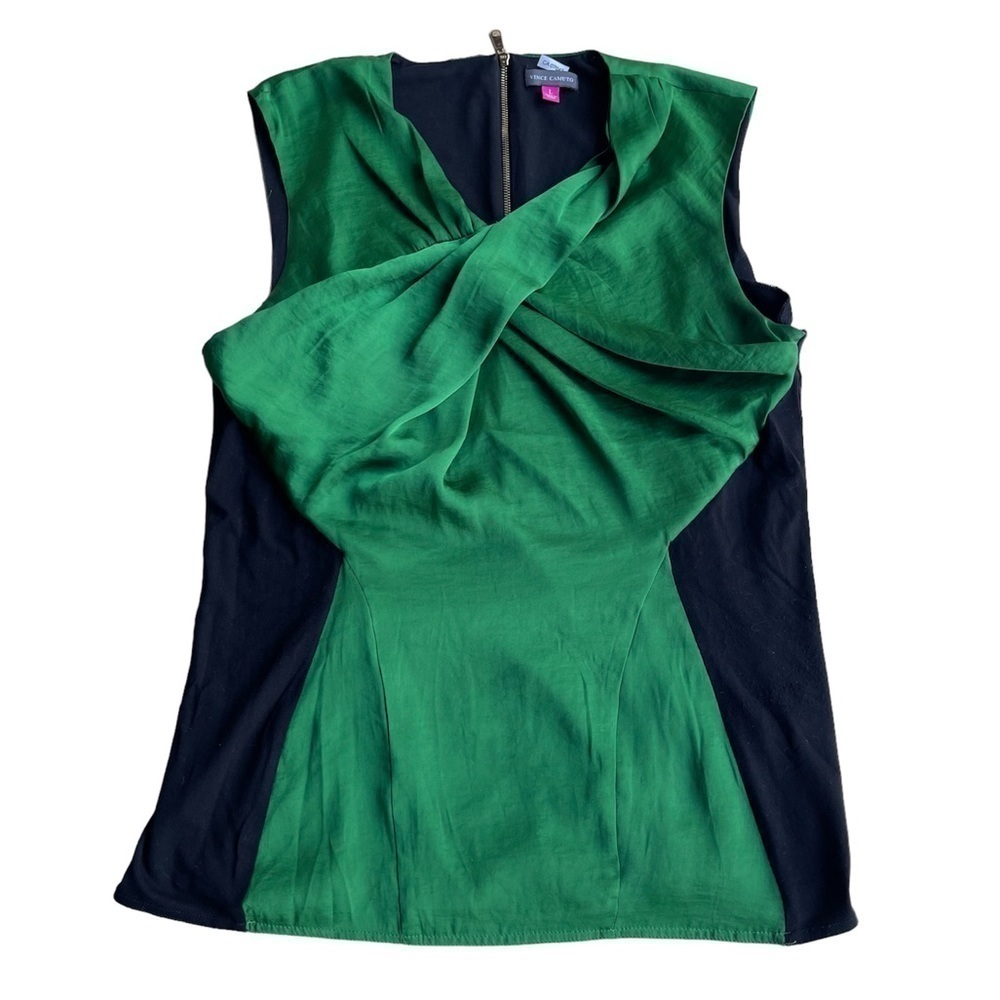 Vince Camuto Green Satin with Black Contrast Knot Sleeveless Top US L